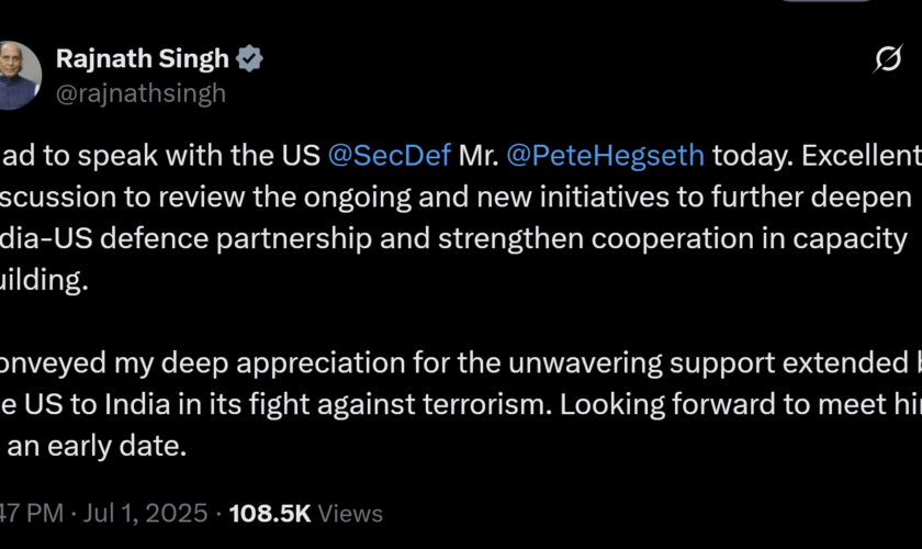 Raksha Mantri Shri Rajnath Singh and US Secretary of Defense Mr Pete Hegseth held a telephonic conversation on July 01, 2025. The two leaders discussed a wide canvas of issues ranging from long-term cooperation in the defence sector, including training and military exchanges, to expanding the industry collaboration. They agreed to further build upon the momentum of this critical & mutually beneficial partnership across all its pillars such as interoperability, integration of defence industrial supply chains, logistics sharing, increased joint military exercises and cooperation with other like-minded partners. Raksha Mantri appreciated the unwavering support extended by US to India for its fight against terrorism. He complimented the US Secretary of Defense for his dynamic leadership which has propelled defence cooperation between US and India to new levels. Mr Pete Hegseth invited Shri Rajnath Singh to US for an in-person meeting to take the bilateral defence partnership forward. In a post on X, Shri Rajnath Singh stated that the discussions were held to review the ongoing and new initiatives to further deepen India-US defence partnership & strengthen cooperation in capacity building. He looked forward to meeting the US Secretary of Defense at an early date.